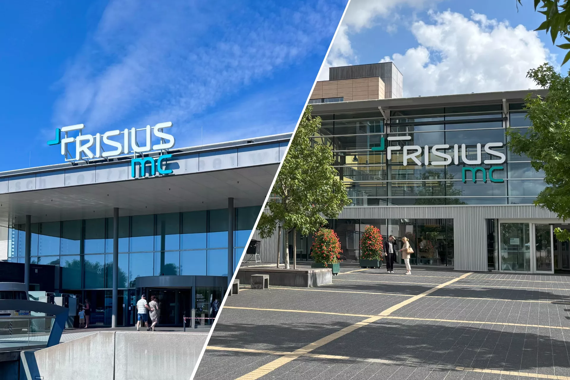 Twee zijaanzichten van de locaties van Frisius MC in Leeuwarden en Heerenveen onder een blauwe hemel.